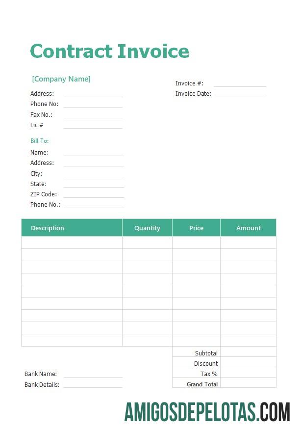 em branco Modelo de fatura de contrato